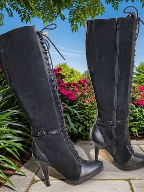 Women's Black Leather Knee-High Platform Heeled Boots Sz 24, 8.5 Inches Heel Toe